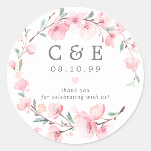 Pink Floral Monogrammed Wedding Thank You Classic Round Sticker