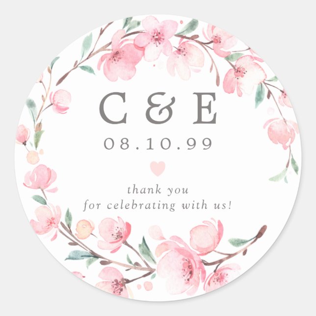 Pink Floral Monogrammed Wedding Thank You Classic Round Sticker (Front)