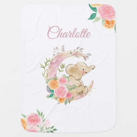Pink Floral Moon Elephant Baby Girl  Baby Blanket