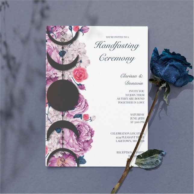 Pink Floral Moon Phase Wiccan Handfasting Invitation (Creator Uploaded)