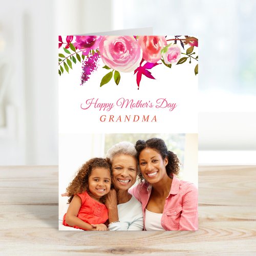 Pink Floral Mothers Day Photo Card for Grandma