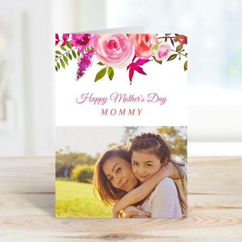 Pink Floral Mothers Day Photo Card for Mom