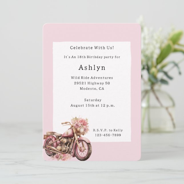 Pink Floral Motorcycle Birthday   Invitation (Standing Front)