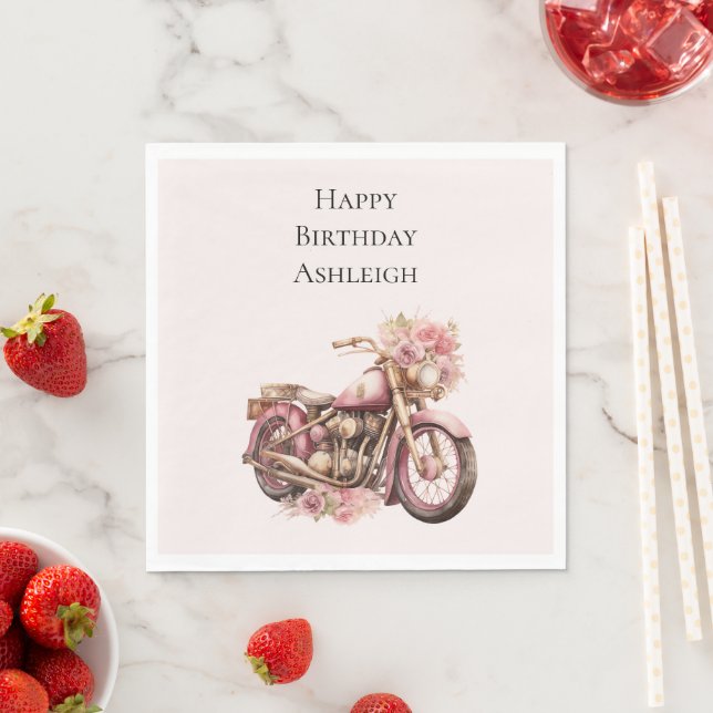Pink Floral Motorcycle Birthday Napkins (Insitu)