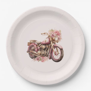 Pink Floral Motorcycle Birthday Paper Plates