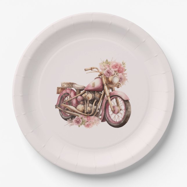 Pink Floral Motorcycle Birthday Paper Plates (Front)