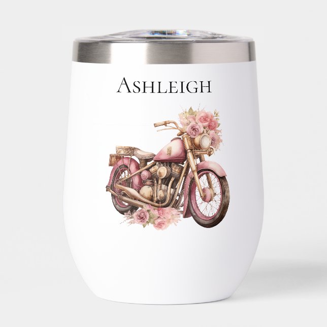 Pink Floral Motorcycle   Thermal Wine Tumbler (Front)