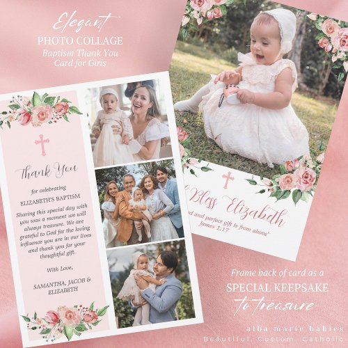 Pink Floral Multiphoto Baptism for Girls  Thank You Card
