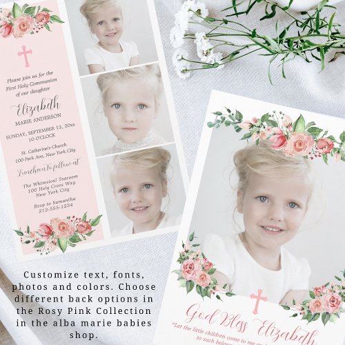 Pink Floral Multiphoto First Communion for Girls Invitation