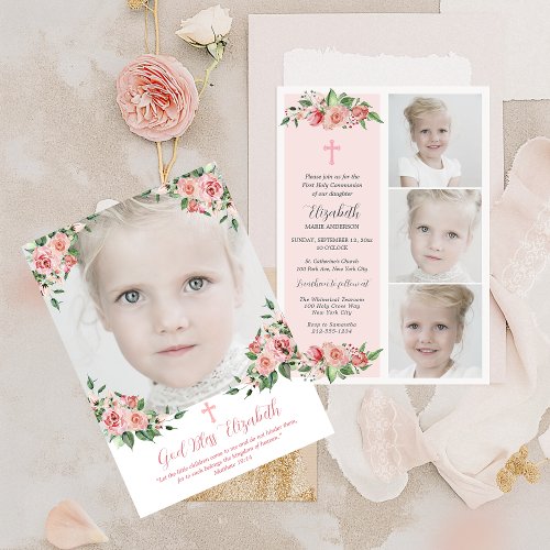 Pink Floral Multiphoto First Communion for Girls Invitation