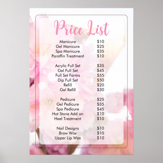 Pink Floral Nail Salon Price List Menu  Poster (Front)