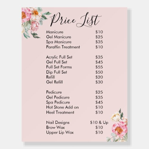 Pink Floral Nail Salon Price List Menu Sign