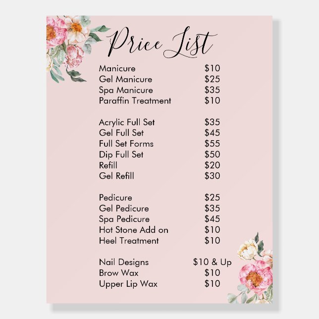 Pink Floral Nail Salon Price List Menu Sign (Front)