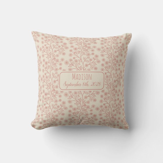 Pink Floral Name Birth Date Baby Throw Pillow (Front)