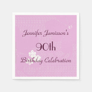 Pink Floral, Name Simple 90th Birthday Party Paper Napkins