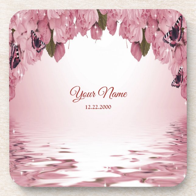 Pink Floral Nature Butterfly Outdoor Wedding Party Beverage Coaster (Front)