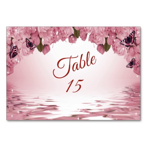 Pink Floral Nature Butterfly Outdoor Wedding Party Table Number