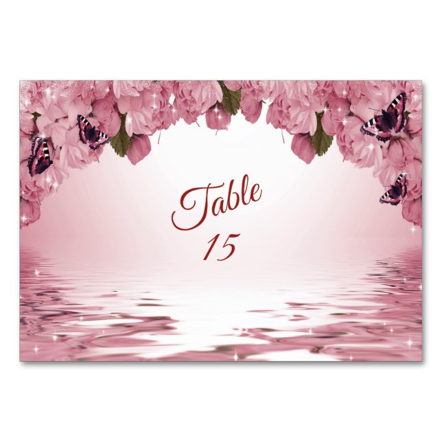 Pink Floral Nature Butterfly Outdoor Wedding Party Table Number (Front)