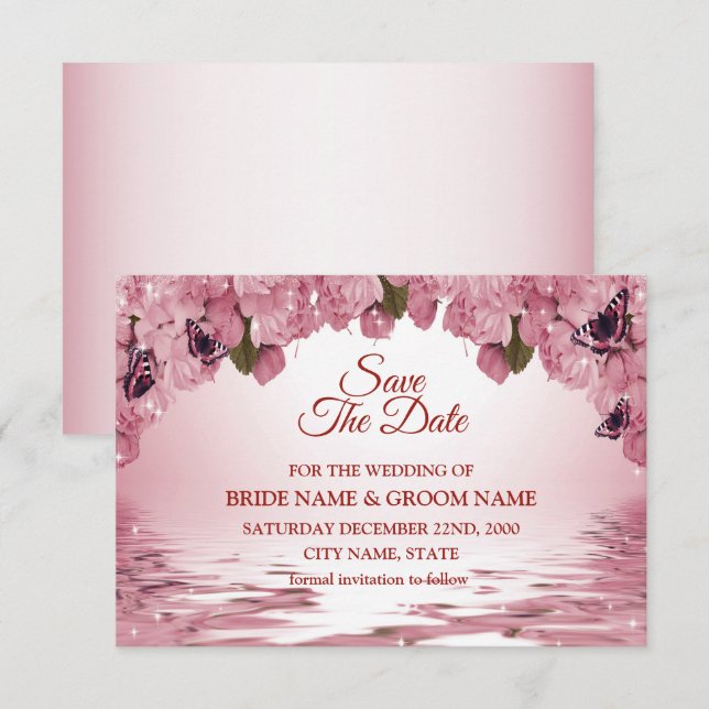 Pink Floral Nature Butterfly Outdoor Wedding Save The Date (Front/Back)