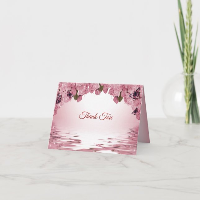 Pink Floral Nature Butterfly Outdoor Wedding Thank You Card (Front)