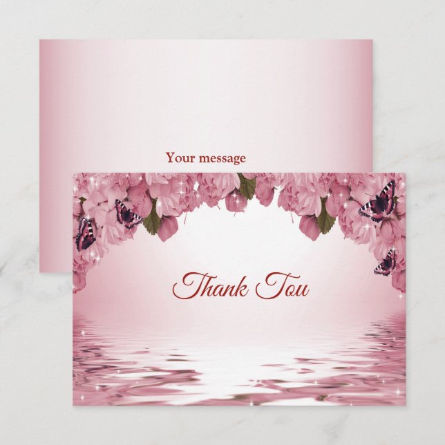 Pink Floral Nature Butterfly Outdoor Wedding Thank You Card (Front/Back)