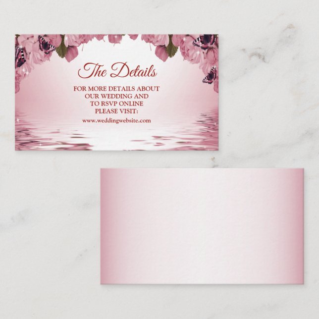 Pink Floral Nature Butterfly Wedding Detail Enclosure Card (Front/Back)