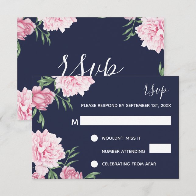 Pink Floral & Navy Background | RSVP Invitation (Front/Back)