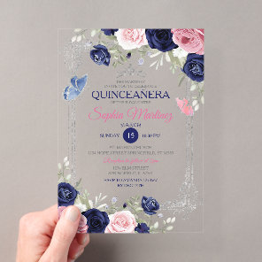 Pink Floral Navy Blue Butterfly Silver Quinceañera Acrylic Invitations