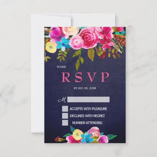 Pink Floral Navy Blue Chalkboard  RSVP card