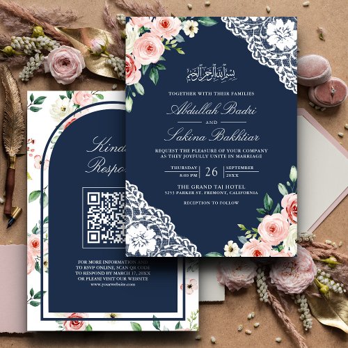 Pink Floral Navy Blue Lace QR Code Muslim Wedding Invitation