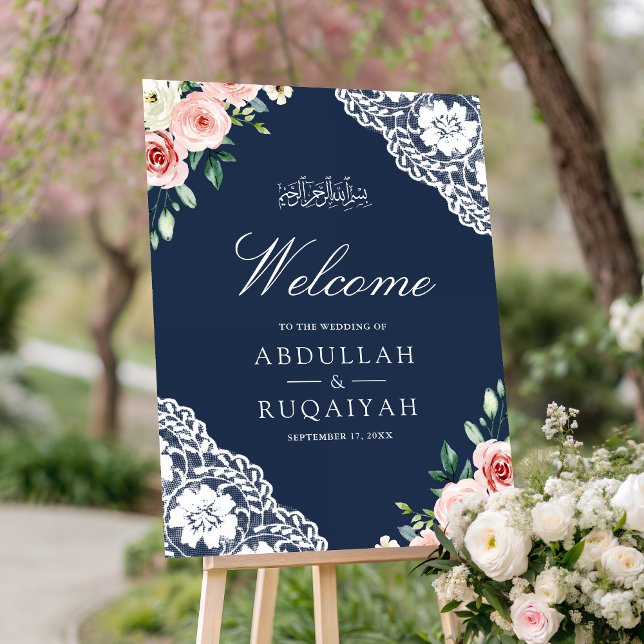 Pink Floral Navy Blue Muslim Wedding Welcome Sign (Creator Uploaded)