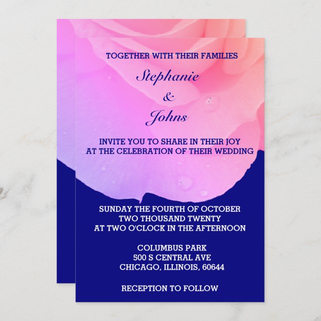Pink Floral Navy Blue Rose Elegant Custom Wedding Invitation (Front/Back)