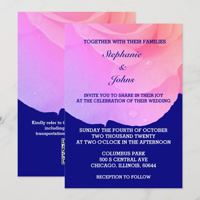 Pink Floral Navy Blue Rose QR Code Cool Wedding Invitation (Front/Back)