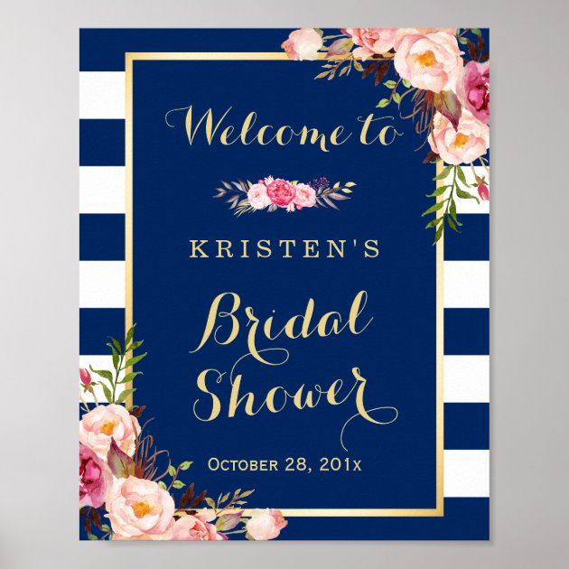 Pink Floral Navy Blue Stripes Bridal Shower Sign