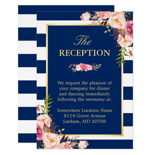 Pink Floral Navy Blue Stripes Wedding Reception Card