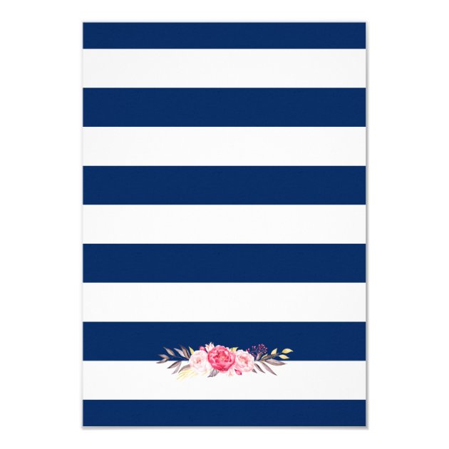 Pink Floral Navy Blue Stripes Wedding Reception Card