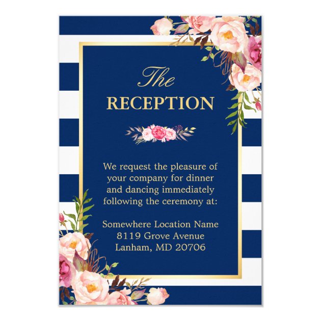 Pink Floral Navy Blue Stripes Wedding Reception Card