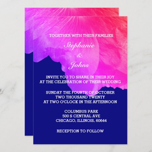 Pink Floral Navy Blue White Cute Unique Wedding Invitation