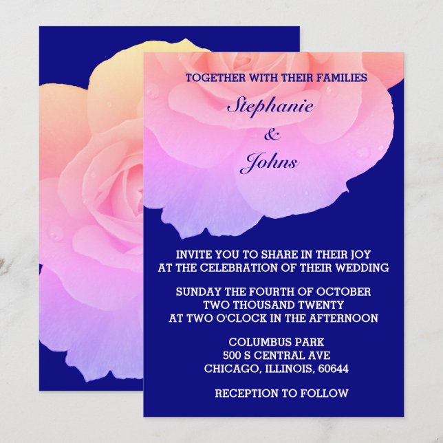 Pink Floral Navy Blue White Rose Flower Wedding Invitation (Front/Back)