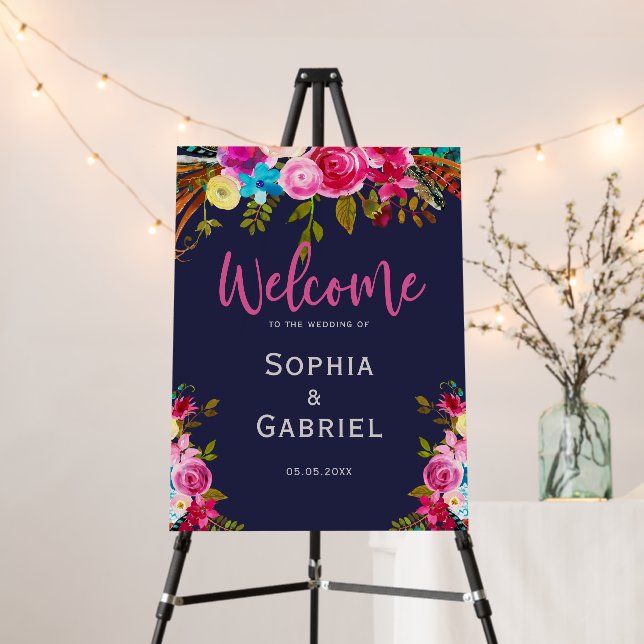Pink Floral Navy Chalkboard Wedding Welcome Sign  (In Situ (Stand))
