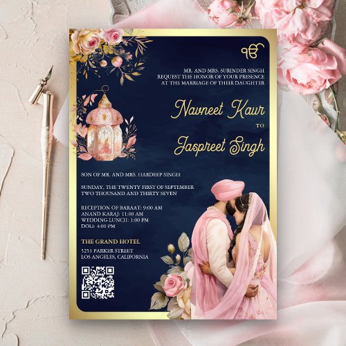 Pink Floral Navy QR Code Anand Karaj Sikh Wedding Invitation