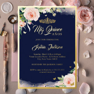 Pink Floral Navy Quinceanera Birthday Foil Invitation