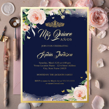 Pink Floral Navy Quinceanera Birthday Foil Invitation by LittleBayleigh at Zazzle