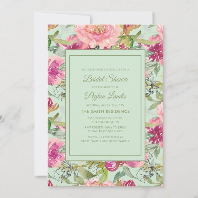Pink Floral Neo Mint Green Bridal Shower Invitation (Front)