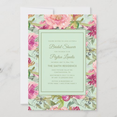 Pink Floral Neo Mint Green Bridal Shower Invitation