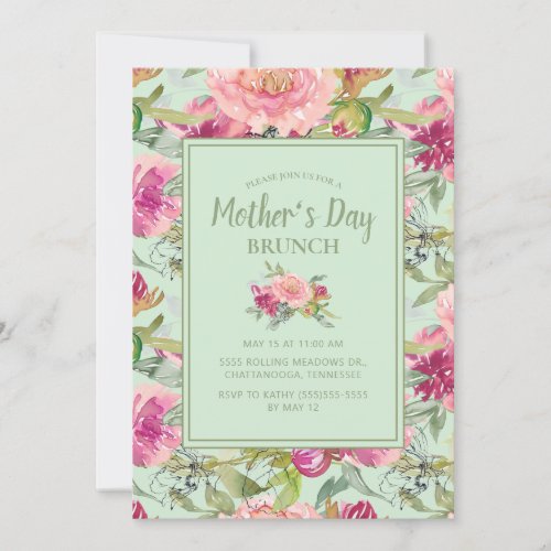 Pink Floral Neo Mint Green Mothers Day Brunch Invitation