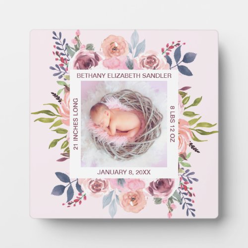 Pink Floral Newborn Baby Girl Birth Stats Photo Plaque
