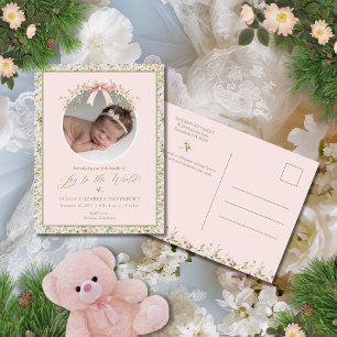 Pink Floral Newborn Baby Photo Christmas Holiday Postcard