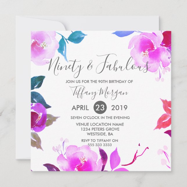 Pink Floral Ninety & Fabulous 90th Birthday Party Invitation (Front)