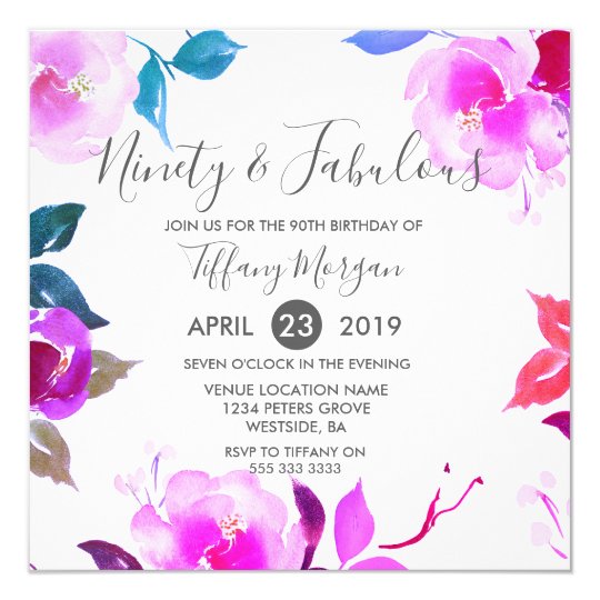 pink floral ninety fabulous 90th birthday party invitation